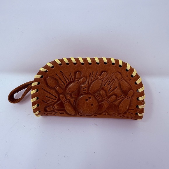 Vintage Tooled Leather Coin Purse Bowling Ball & Pins Brown Handmade - Picture 1 of 5